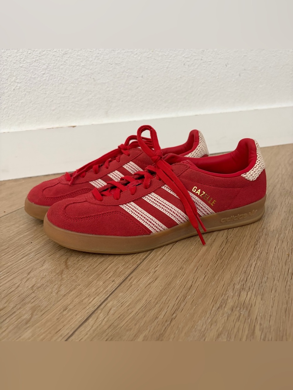 adidas Gazelle Red Suede Sneakers with Cream Stripes and Gum Sole - Picture 4 of 8